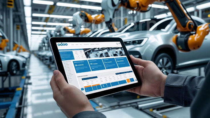 Person holding tablet with ERP dashboard in robotic automotive assembly line