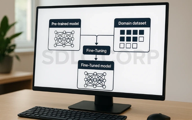 Diagram illustrating fine-tuning of a pre-trained model using a domain-specific dataset to create a fine-tuned model.