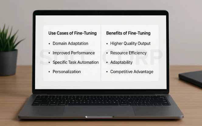 List of use cases and benefits of fine-tuning AI models, including domain adaptation, improved performance, resource efficiency, and competitive advantage.