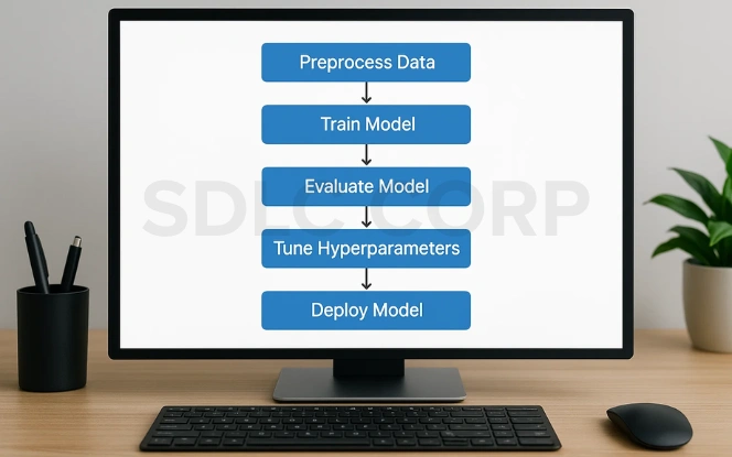 Flowchart illustrating the fine-tuning process with steps: preprocess data, train model, evaluate model, tune hyperparameters, and deploy model.