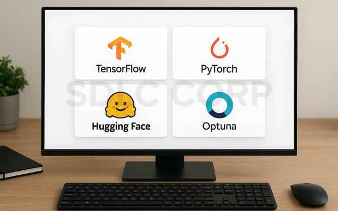 Computer screen showing logos of TensorFlow, PyTorch, Hugging Face, and Optuna for AI model fine-tunings