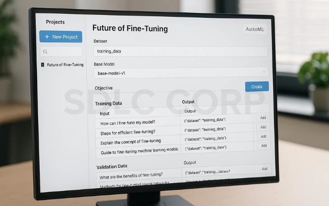 Dashboard interface for fine-tuning AI models showing dataset selection, base model, training data inputs, and validation outputs.