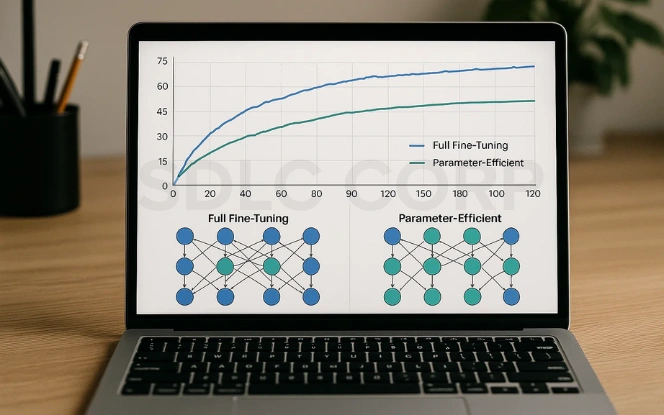 Comparison chart of full fine-tuning versus parameter-efficient fine-tuning with corresponding neural network diagrams and performance curves.