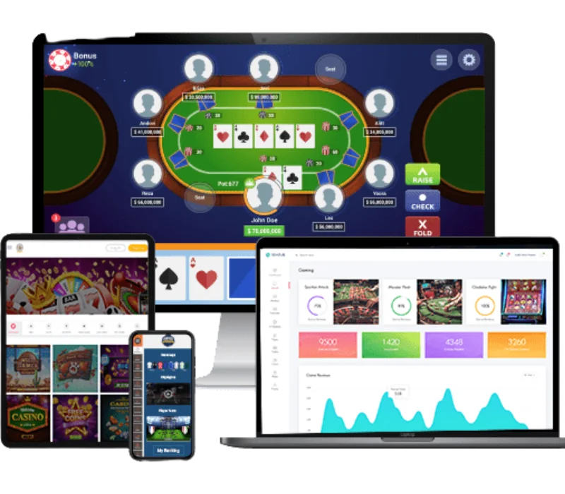  Photorealistic front-facing smartphone, tablet, and desktop monitor displaying slot gameplay, live table interface, and admin dashboard UI with a soft reddish-violet accent background.