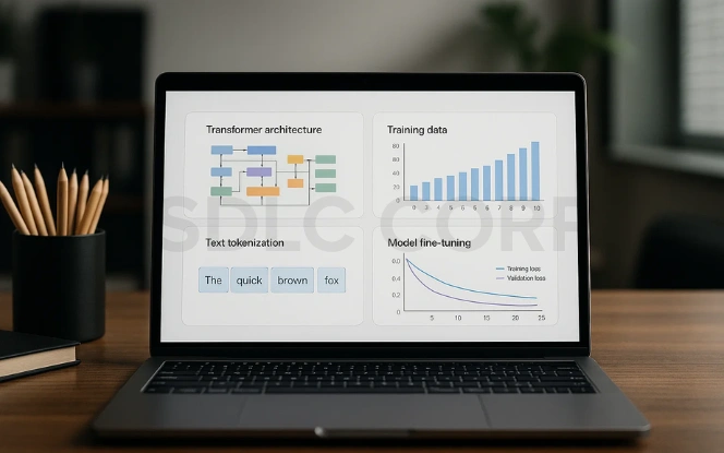 Laptop screen displaying charts on transformer architecture, text tokenization, training data, and model fine-tuning for large language models.