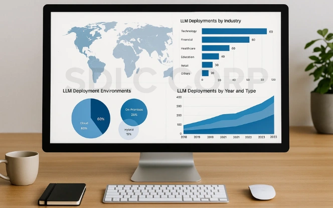 Desktop monitor showing LLM deployment trends with global map, industry usage bar chart, deployment environments pie charts, and yearly deployment growth graph.