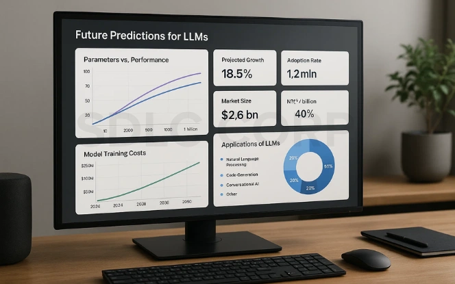 Desktop monitor displaying future predictions for large language models with graphs on parameters vs. performance, training costs, and pie chart of applications.