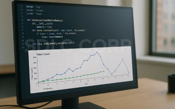 Monitor screen showing Python code for conversational buffer memory and a line chart tracking token count across conversation turns.