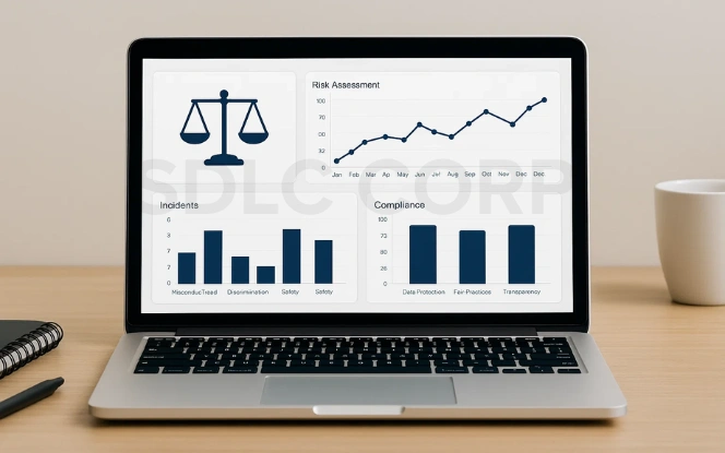 Laptop screen showing compliance and risk assessment dashboard with bar charts on incidents, compliance metrics, and a line graph for risk trends.
