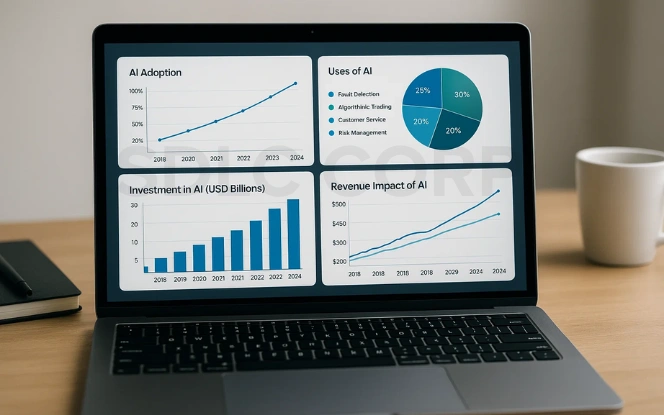 Laptop screen showing AI evolution in financial services with charts on AI adoption, investment growth, revenue impact, and key AI use cases.