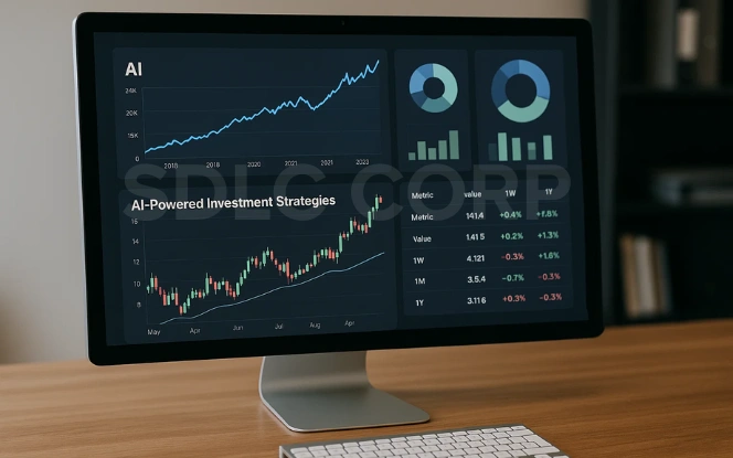 AI Desktop monitor displaying AI-powered investment strategies with line charts on market trends, pie charts, and performance metrics.