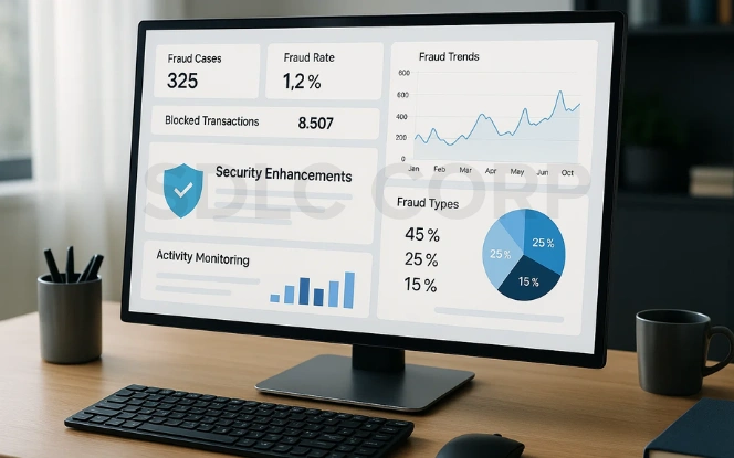 Desktop monitor displaying fraud detection dashboard with fraud cases, blocked transactions, fraud trends, types, and security enhancements.