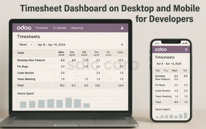 Odoo Timesheet dashboard displayed on a laptop and smartphone, showing developer task tracking for the week of April 8–14, 2024, including activities like developing new features, fixing bugs, code review, and team meetings with hours logged per day .