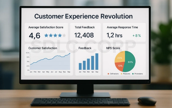 Monitor screen showing customer experience dashboard with satisfaction score, feedback volume, response time, NPS score, and trend graphs.