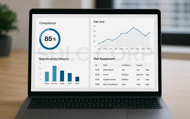 Laptop screen displaying compliance and risk management dashboard with compliance percentage, risk levels, open issues, and risk assessment.