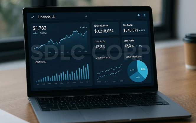 Laptop screen showing financial AI dashboard with revenue, net profit, loss ratio, data analysis, and value prediction charts.