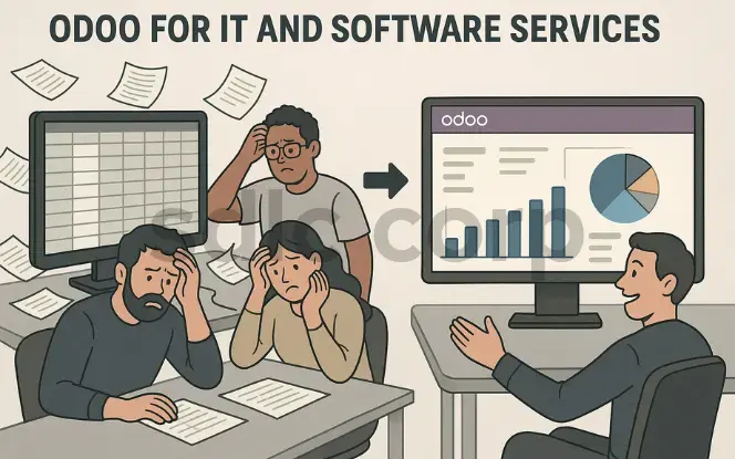 Illustration showing a stressed IT and software team overwhelmed with spreadsheets, transitioning to using Odoo software with clear visual dashboards and analytics, highlighting improved efficiency and organization. .
