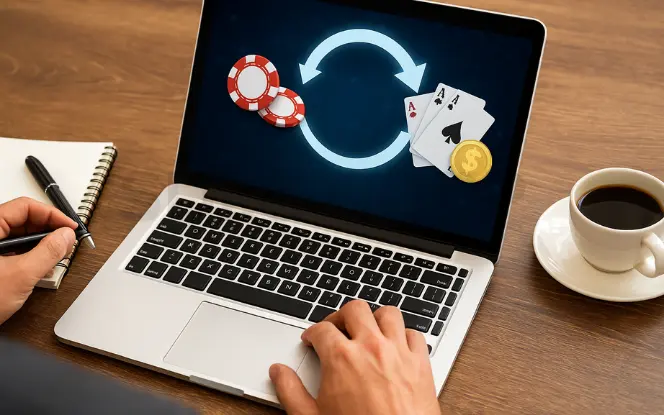 An illustrated man in an orange shirt looks thoughtfully at a large clock surrounded by poker chips and a playing card, set against a teal background with the title “How Long Does It Take to Launch an Online Casino?.