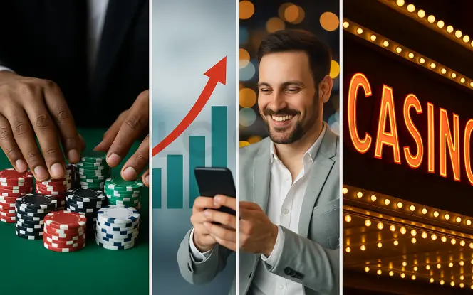 An illustrated man in an orange shirt looks thoughtfully at a large clock surrounded by poker chips and a playing card, set against a teal background with the title “How Long Does It Take to Launch an Online Casino?.