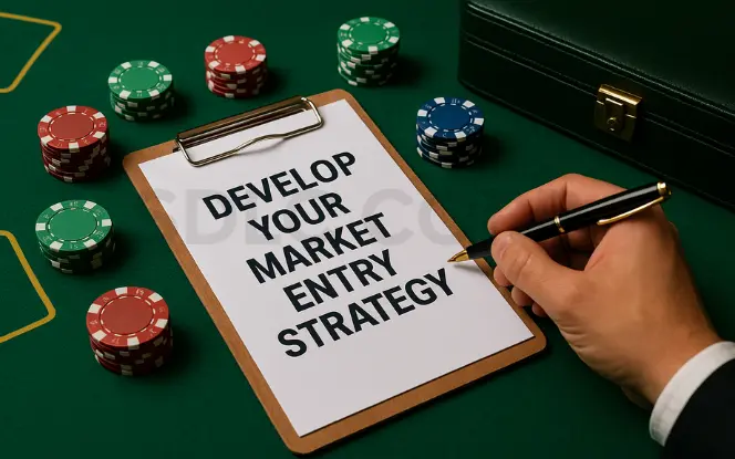 A flat design illustration of a person interacting with a computer and smartphone displaying a casino interface with a roulette wheel, playing cards, and poker chips. The background is teal with the title “Develop a User-Friendly Casino Website or Application”.