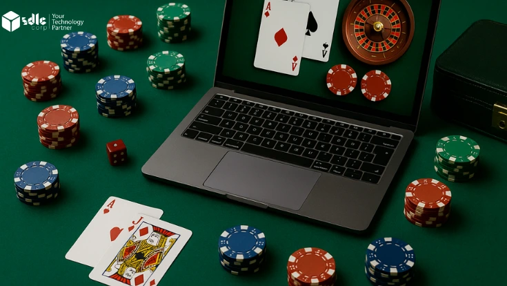 A high-resolution photograph of a casino-themed setup featuring a green felt table with stacked poker chips, playing cards, a red die, and a laptop displaying virtual casino elements like a roulette wheel and cards. A closed green chip case is visible in the background, creating a realistic and professional gaming atmosphere.