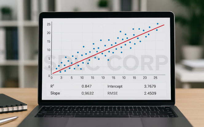 Laptop screen showing linear regression scatter plot with best-fit line and model metrics including R-squared, slope, and RMSE.