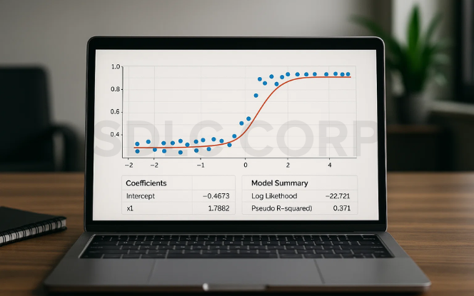 Laptop screen displaying logistic regression model with S-curve plot, coefficients, and model summary statistics.