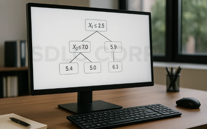 Desktop monitor displaying a simple decision tree diagram with branching nodes and numerical values for predictions.