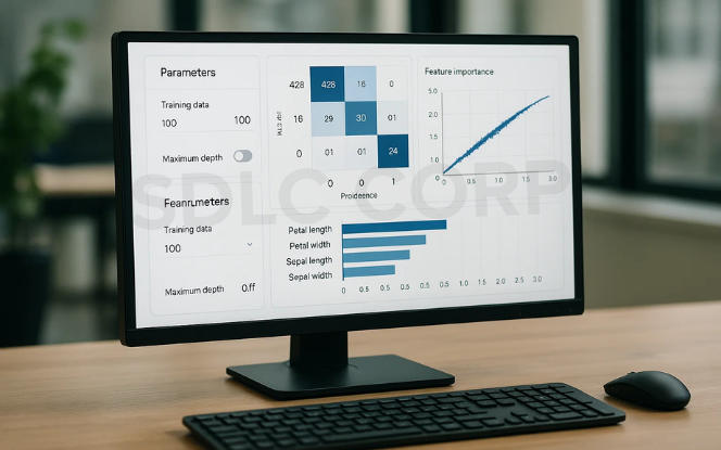 Desktop monitor displaying random forest model parameters, feature importance, and decision tree performance metrics.