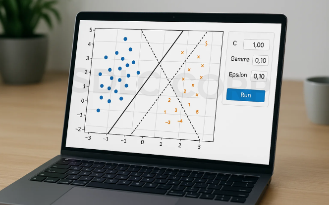 Laptop screen showing support vector machine classification with data points, decision boundaries, and adjustable hyperparameters.