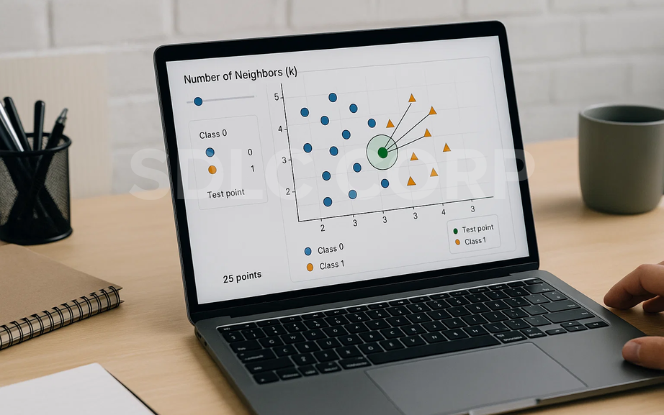 Laptop screen displaying K-nearest neighbors classification visualization with data points, test point, and decision boundaries.