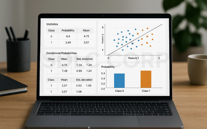 Laptop screen showing Naive Bayes classification visualization with feature probabilities, conditional probabilities, and class distribution.