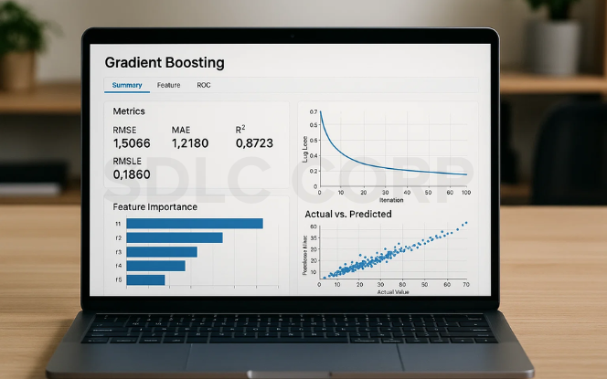 Laptop screen showing gradient boosting model evaluation with metrics, feature importance, loss curve, and actual vs. predicted values scatter plot.