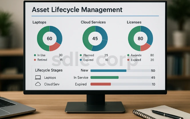 Dashboard screen showing Asset Lifecycle Management with pie charts for Laptops, Cloud Services, and Licenses, and a bar chart for lifecycle stages: New, In Service, and Expired. .