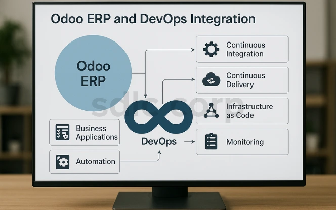 Diagram showing Odoo ERP integration with DevOps, linking business applications and automation to DevOps processes like CI/CD, Infrastructure as Code, and Monitoring. .
