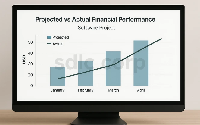 Bar and line chart comparing projected vs actual financial performance of a software project from January to April. .