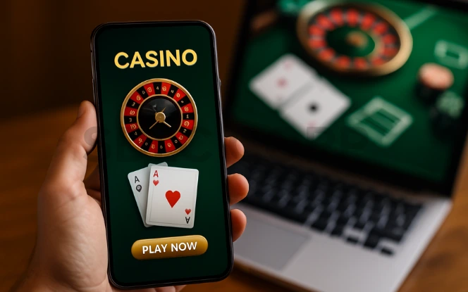 A realistic photograph showing a hand holding a smartphone with a casino-style app interface displaying a roulette wheel and playing cards. In the blurred background, a laptop screen also shows a virtual green casino table, enhancing the theme of developing a user-friendly casino website or application.