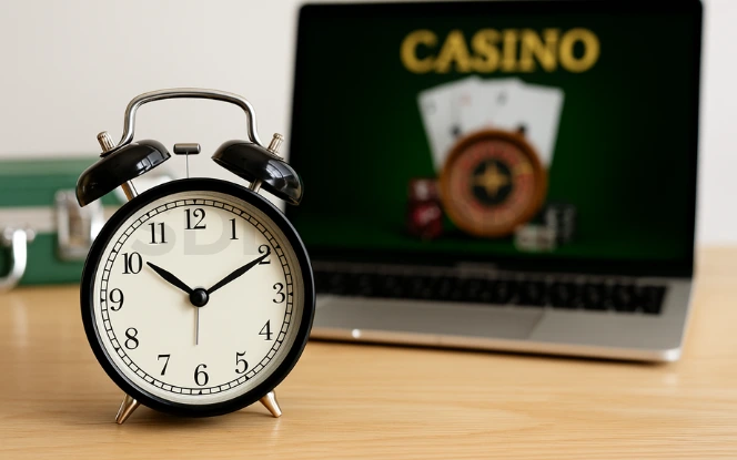 A professional photograph featuring a classic black analog alarm clock on a wooden surface, showing the time as 10:10. In the blurred background, a laptop displays a casino interface with a roulette wheel and playing cards, suggesting the theme of time and online casino launch planning.