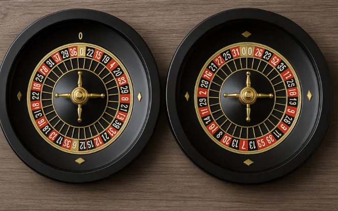 European and American roulette wheels side by side showing single and double zero pocket differences.