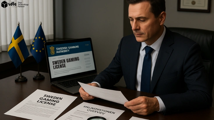 Legal advisor reviewing Sweden Gaming License documents at a corporate desk with Swedish and EU flags, compliance files, and Spelinspektionen website on laptop in a professional office setting.