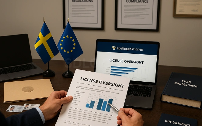 Role of the Swedish Gambling Authority in Gambling License Oversight Compliance officer examining a License Oversight chart and Spelinspektionen portal with due diligence binder, ID cards, and Swedish and EU flags on a professional office desk