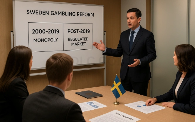 Why Sweden Re-Regulated Its Gambling Market Professional presenting Sweden’s gambling reform timeline from monopoly to regulated market, with a Sweden flag centerpiece and legal documents on a conference table
