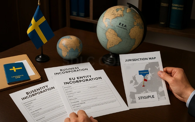 Corporate Structure and Jurisdiction Requirements for Sweden Gaming License Business registration forms labeled EU Entity Incorporation spread across a table with a Swedish flag pin marking Stockholm on a globe, and a compliance officer reviewing a jurisdiction map beside law books