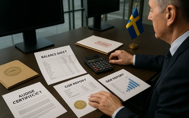 Financial Stability Requirements for a Sweden Gaming License Senior accountant reviewing balance sheets, GGR reports, and audit certificates with a red Compliant stamp, calculator, tax summary, and Swedish flag in a professional finance office