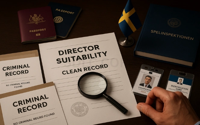 Integrity and Suitability Checks for Sweden Gaming License Applicants Magnifying glass placed over a document labeled Director Suitability – Clean Record, with passports, criminal record statements, ID badges, and a Spelinspektionen folder alongside a Swedish flag in a dimly lit office