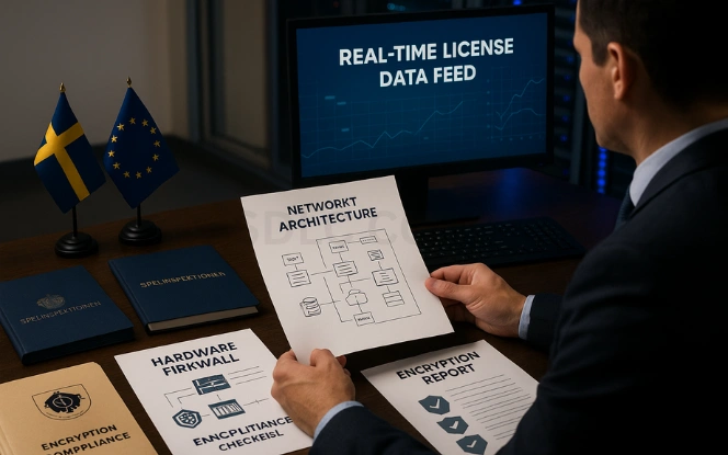 IT and Security System Requirements for the Sweden Gaming License Cybersecurity engineer in a suit reviewing printed network architecture and real-time license data feed on a monitor, with encryption reports, firewall schematics, GDPR checklist, and Swedish and EU flags on the desk in a high-tech office