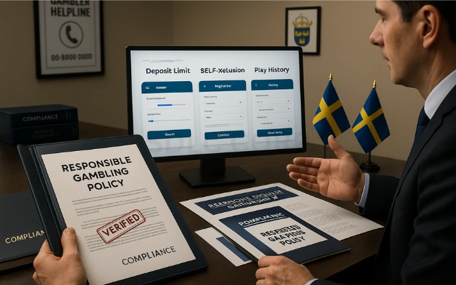 Consumer Protection and Responsible Gambling Compliance in Sweden UX analyst presenting mockups for Deposit Limit, Self-Exclusion, and Play History tools to a stakeholder, with a Responsible Gambling Policy document stamped Verified and Swedish regulatory posters in the background