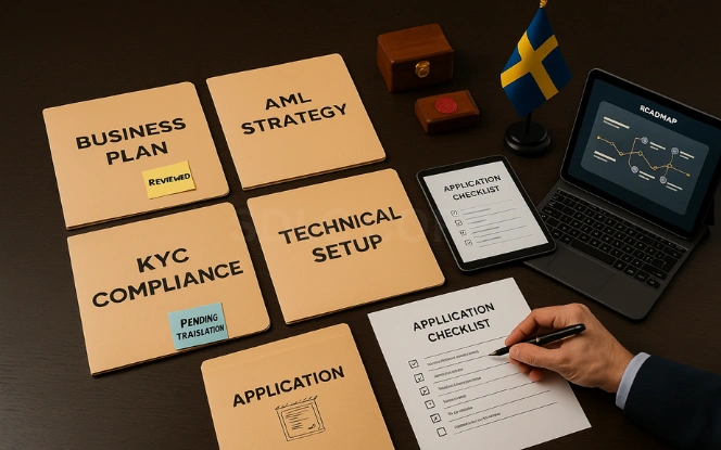 Pre-application Preparation for Sweden Gaming License Executive desk with labeled folders including Business Plan, AML Strategy, KYC Compliance, and Technical Setup, alongside a Swedish flag, digital roadmap on a tablet, and sticky notes marked Reviewed and Pending Translation
