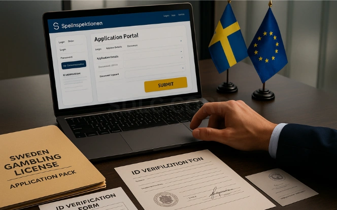 Submitting the Application for a Sweden Gaming License Business professional clicking Submit on the Spelinspektionen application portal via laptop, with an Application Pack folder, ID verification form, and signature page with corporate seal on the desk, and Swedish and EU flags behind frosted glass