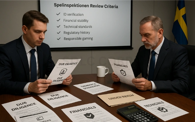 Review and Verification Process for Sweden Gaming License by Spelinspektionen Two compliance auditors seated at a boardroom table analyzing due diligence documents including ID checks, financial reports, and technical certifications, with a document marked Under Review, Swedish flag, and a Spelinspektionen review checklist on a wall-mounted display